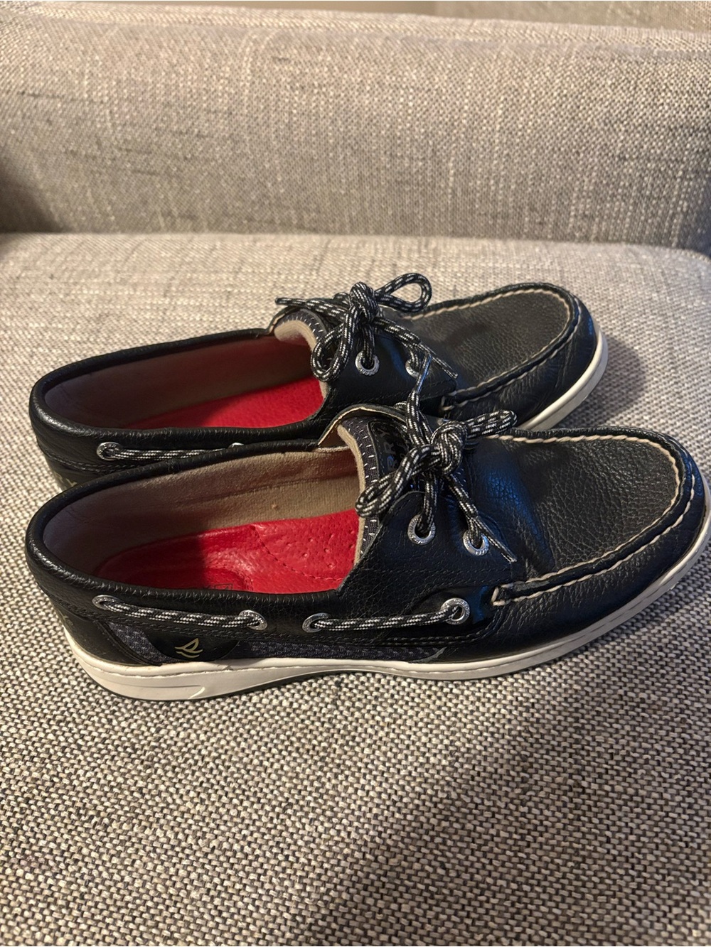Sperry Black and White Leather Boat Shoes with Drawstrings